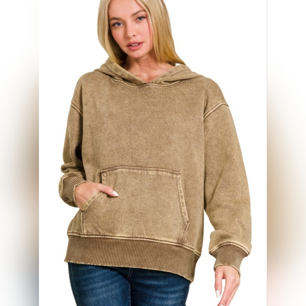Mocha Sleet Acid Wash Fleece Lined Hoodie